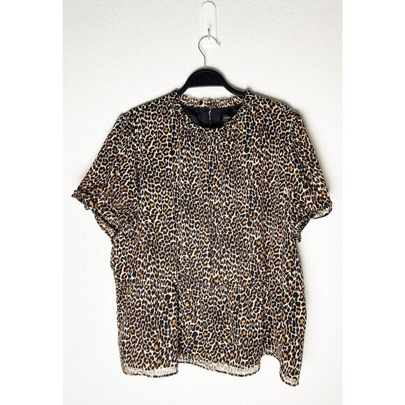 J. Crew Women's Tan Black Leopard Print Ruffle Neck Short Sleeve Peplum Blouse - Picture 4 of 12